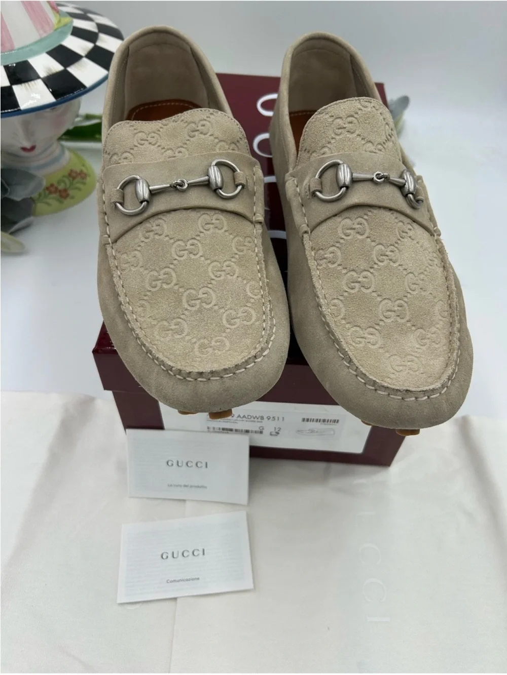 Men’s Gucci GG embossed suede driver loafers size 12 fits 13 US made in Italy